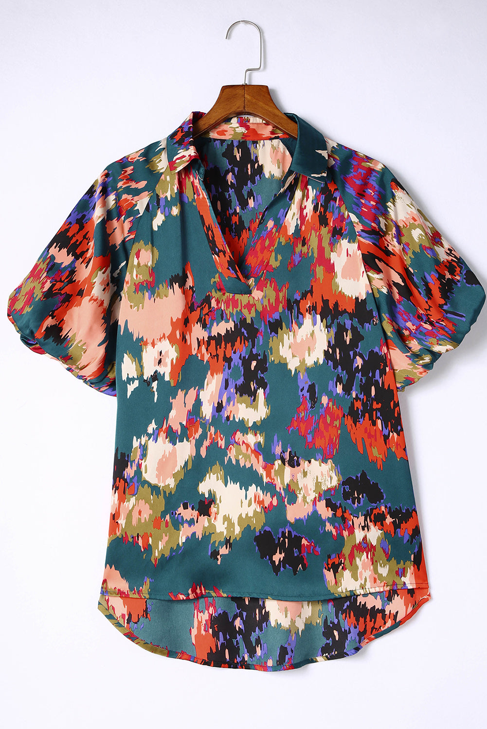 Green Abstract Printed V Neck Bubble Sleeve Blouse
