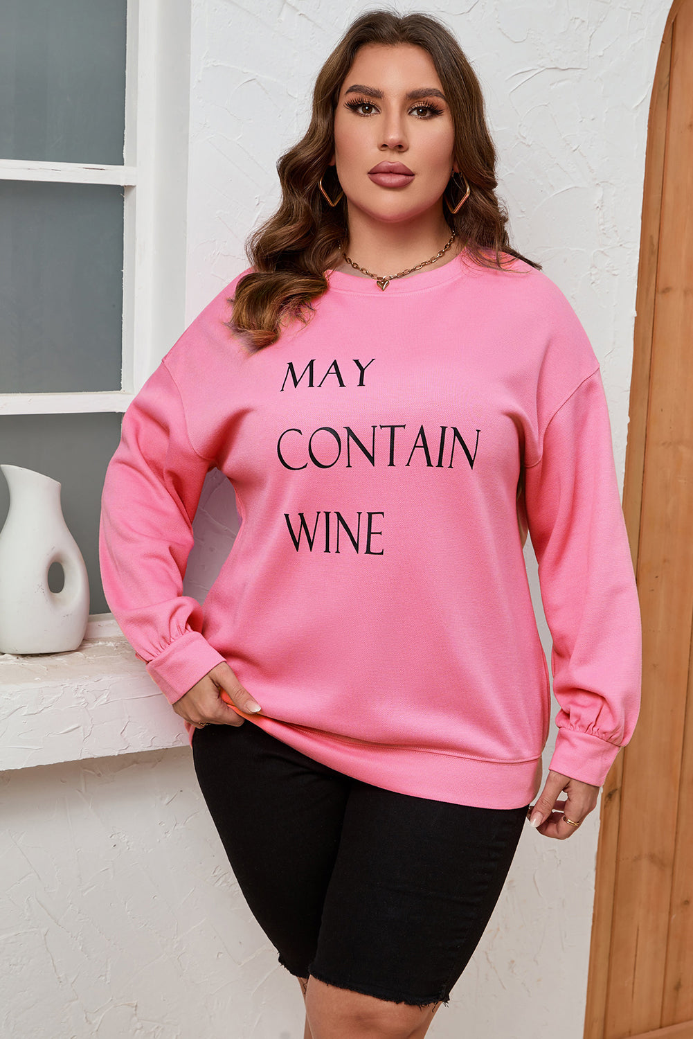Pink May Contain Wine Crew Neck Plus Size Sweatshirt