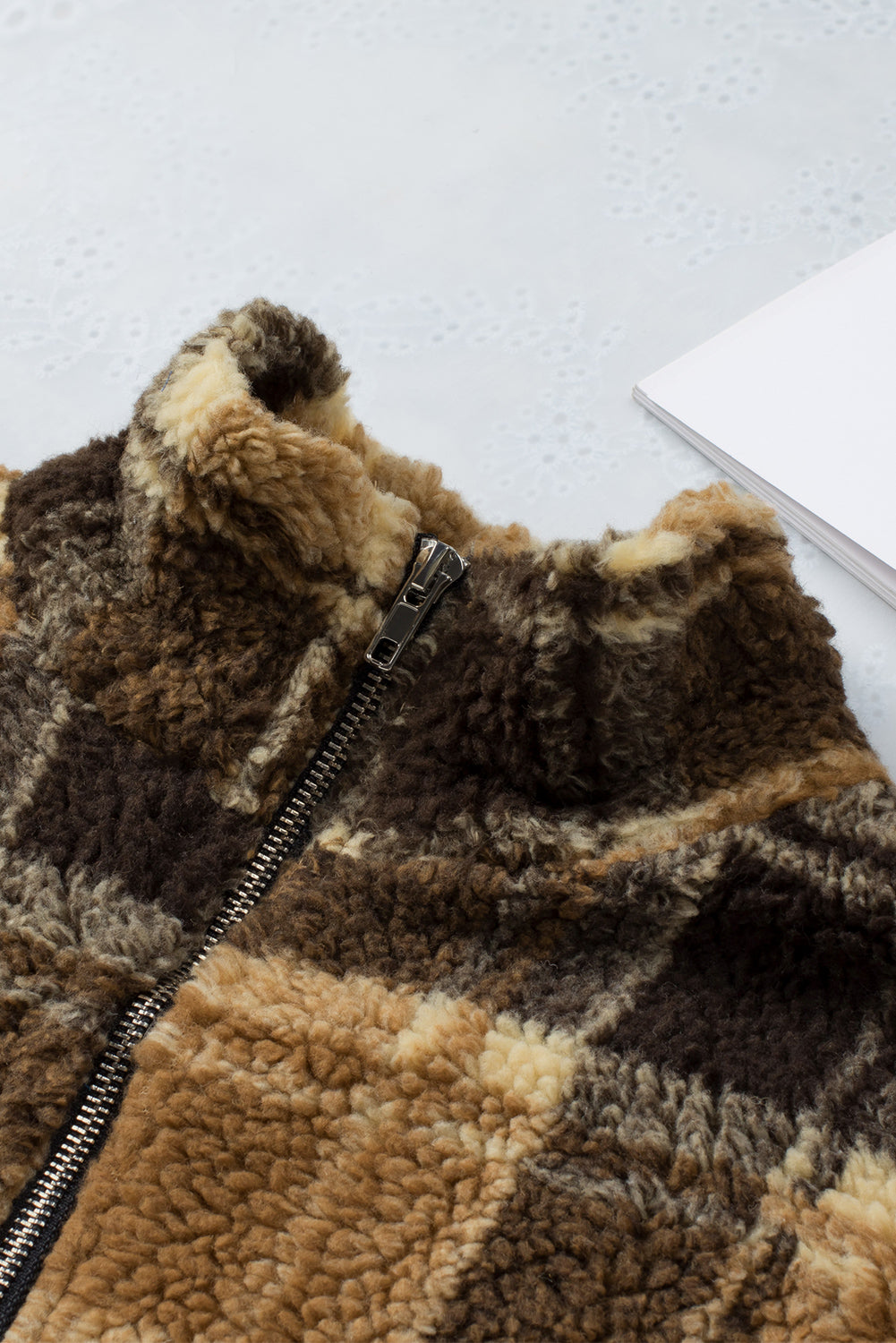 Brown Zip Collar Plaid Pattern Fleece Sweatshirt