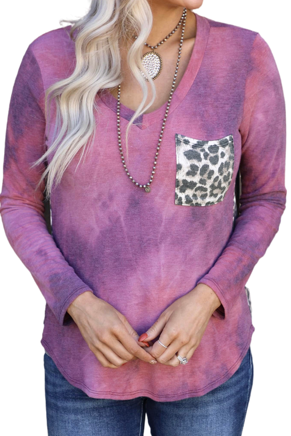 Rose Tie Dye Leopard Patchwork Pocket V Neck Top