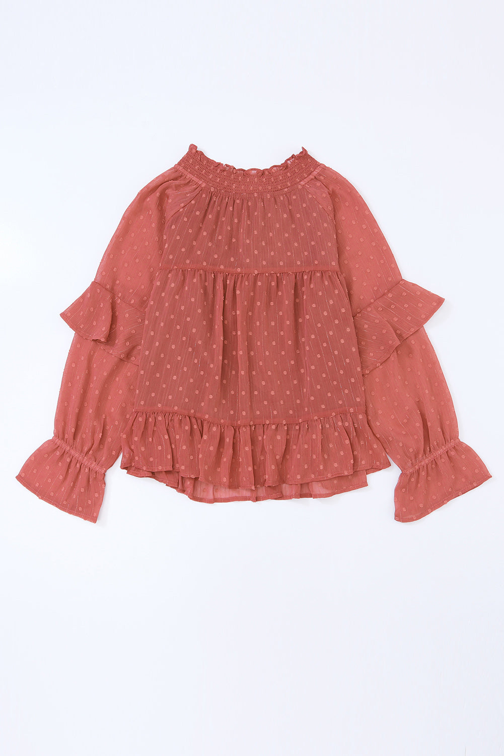 Red Swiss Dot Lace up V Neck Ruffled Blouse