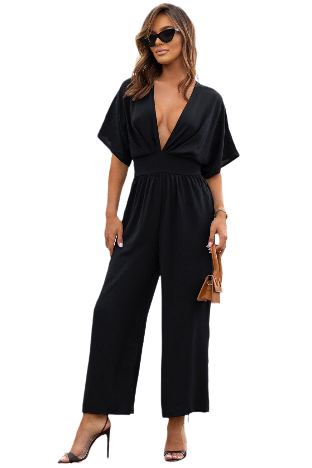 Black Deep V Neck High Waist Wide Leg Jumpsuit