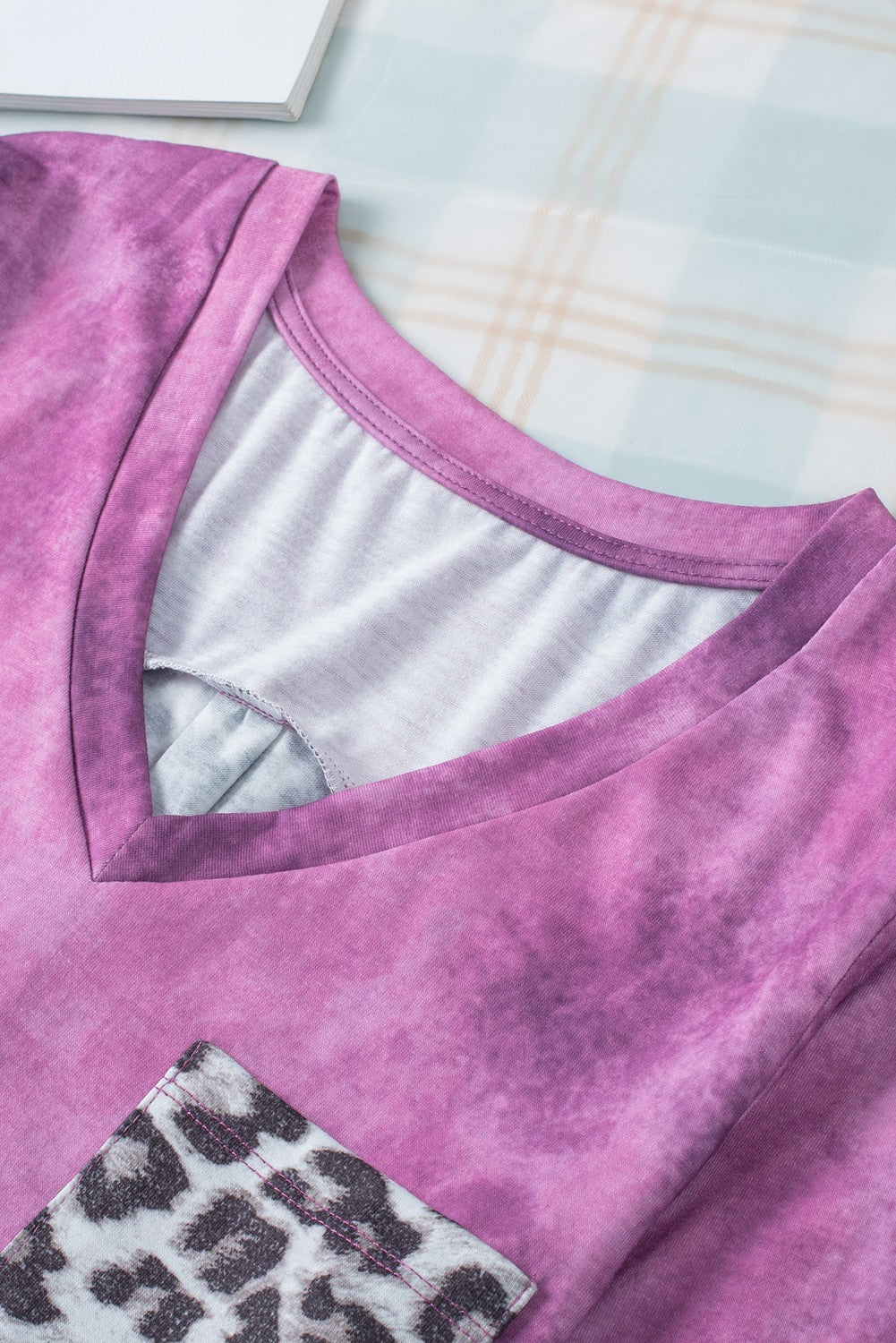 Rose Tie Dye Leopard Patchwork Pocket V Neck Top