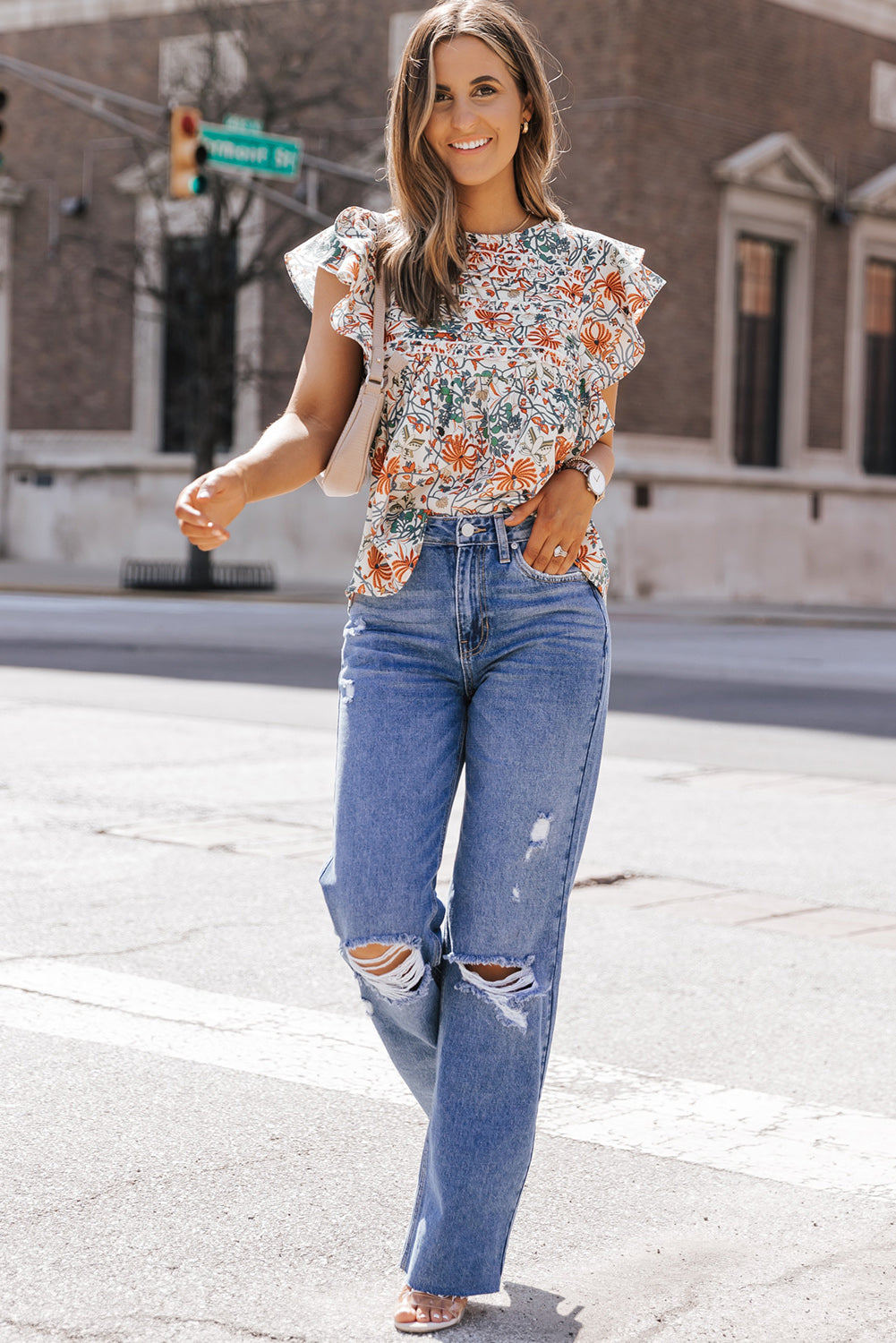 Multicolor Vintage Floral Shirred Ruffle Sleeve Blouse