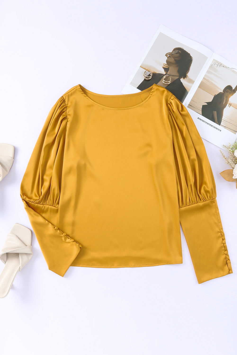Yellow Satin Buttoned Cuffs Puff Sleeve Top