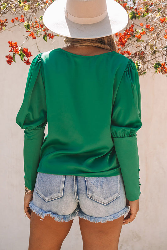 Green Satin Buttoned Cuffs Puff Sleeve Top