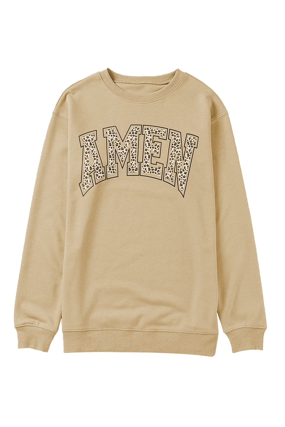 Khaki AMEN Leopard Letter Print Oversized Pullover Sweatshirt