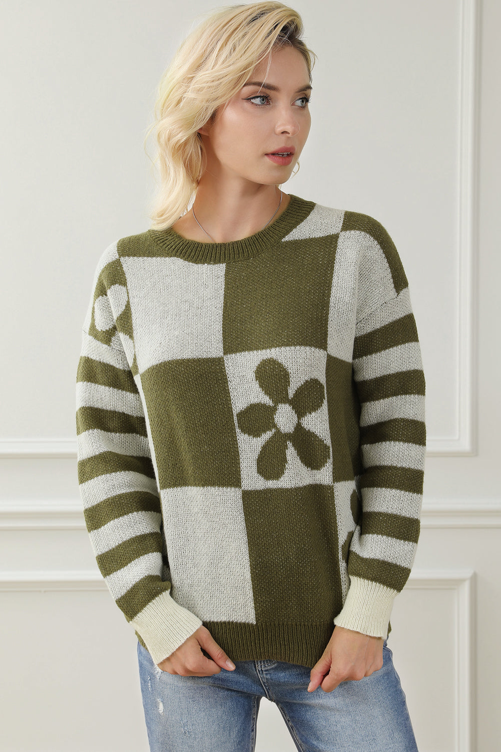 Green Checkered Floral Print Striped Sleeve Sweater