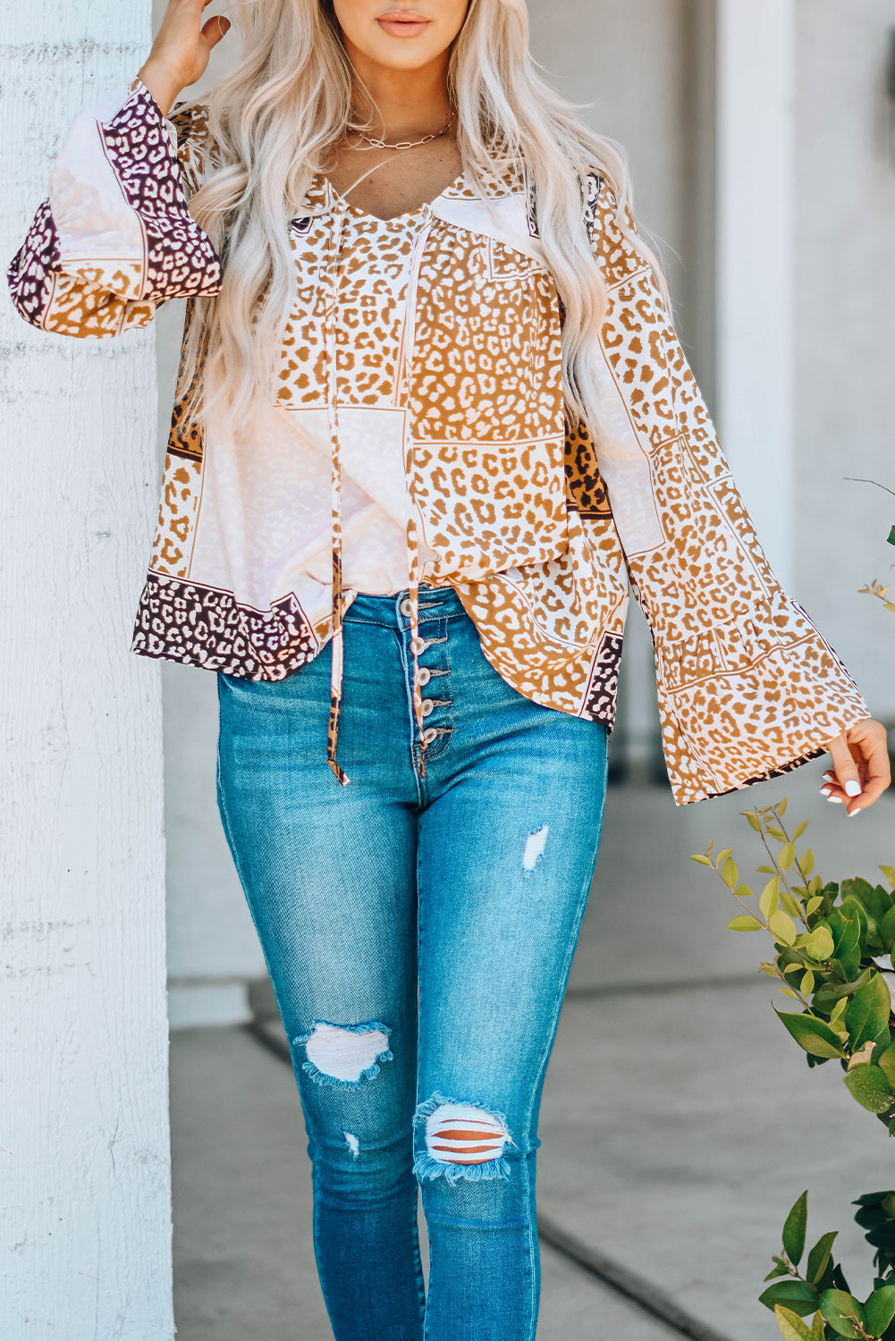 Brown Colorblock Leopard Ribbon Tie Blouse