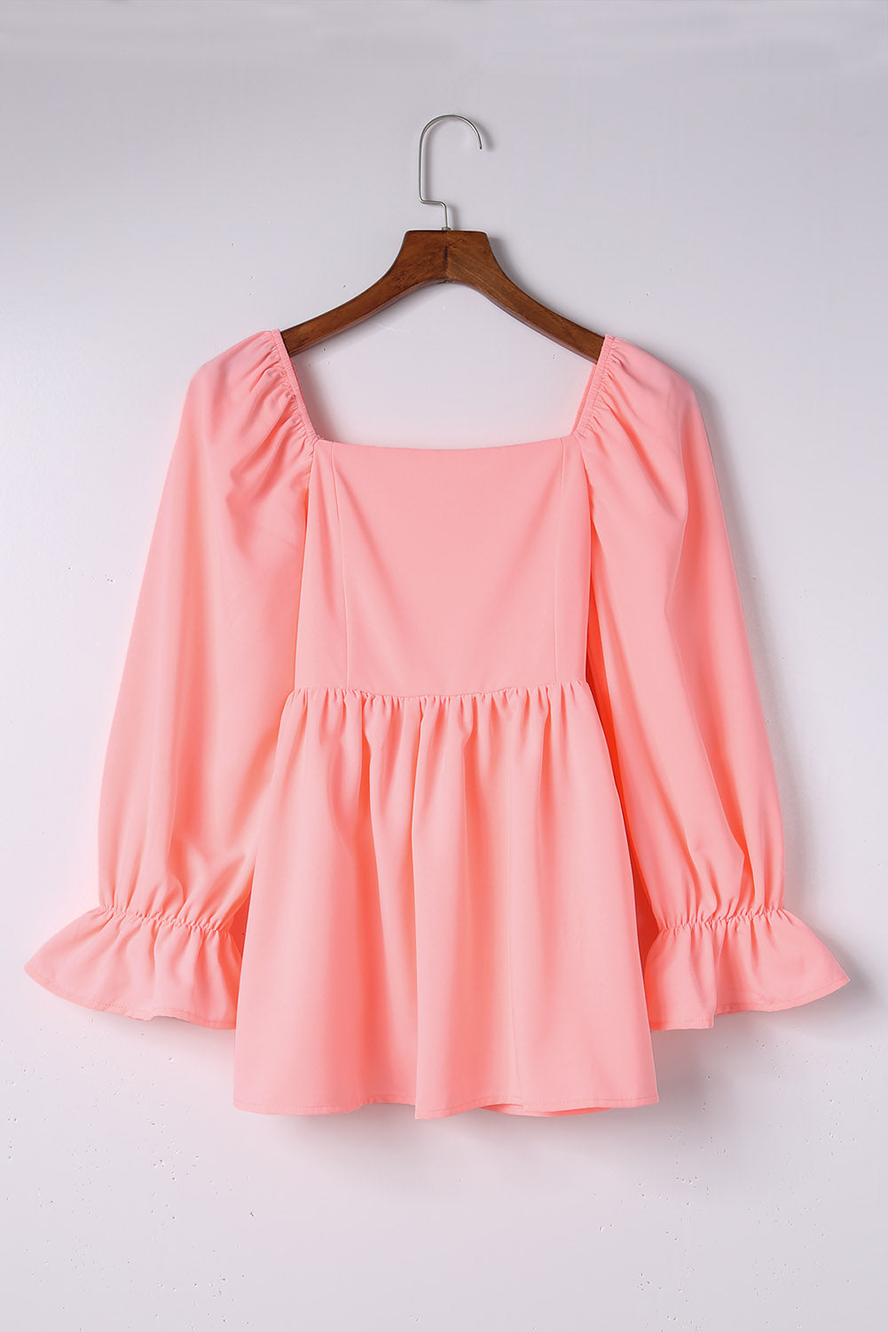 Pink Square Neck Puff Sleeve Ruffled Peplum Top