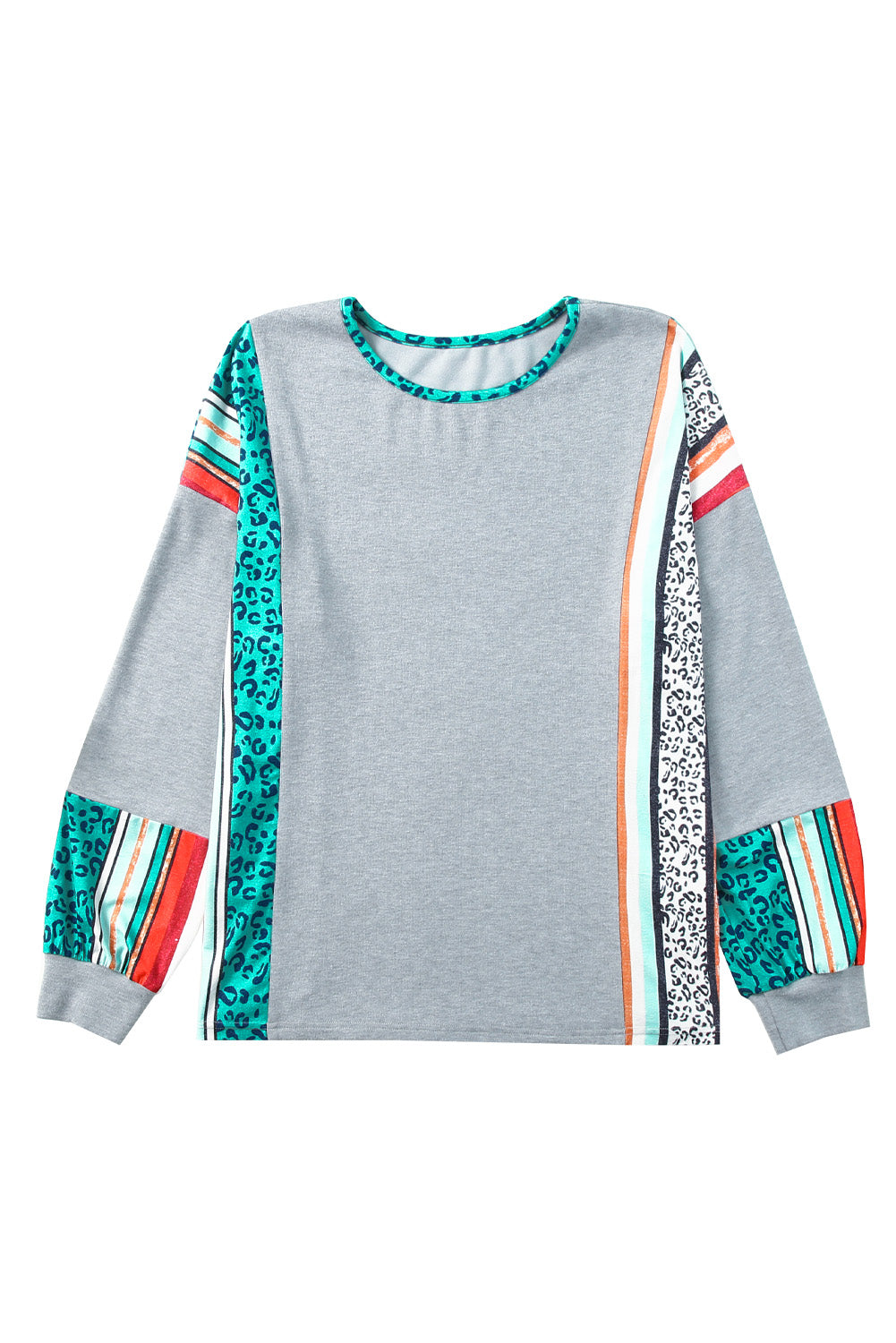 Gray Leopard Serape Drop Shoulder Bubble Sleeves Knit Top