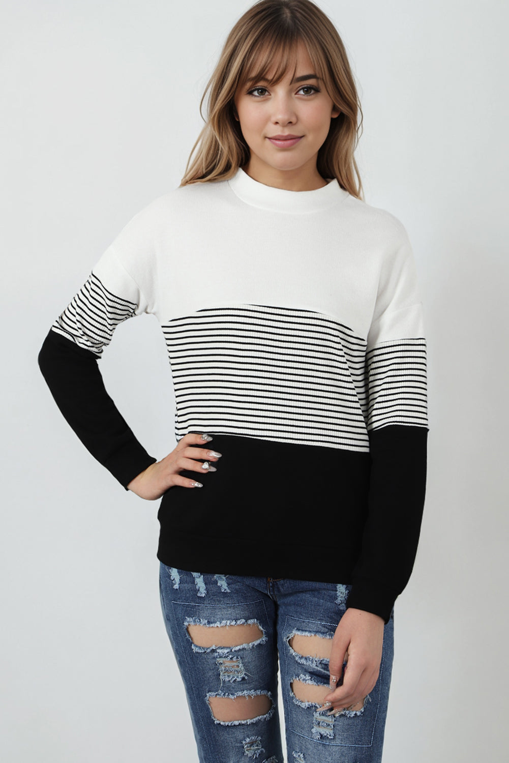 Black Striped Contrast Colorblock Knit Top