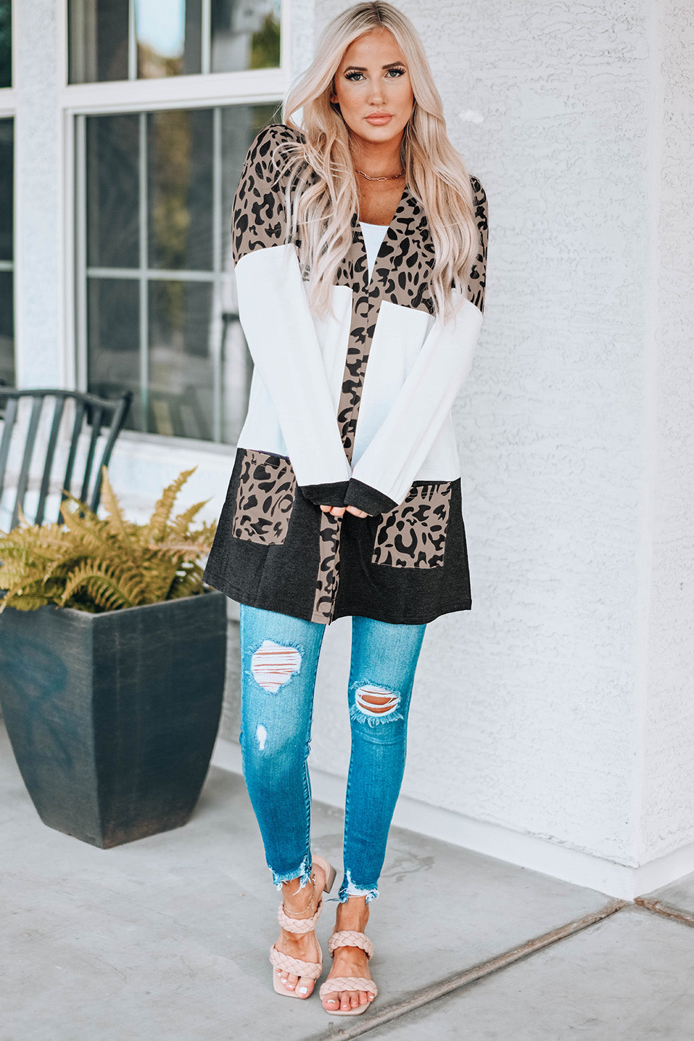 Leopard Block Cardigan with Pockets