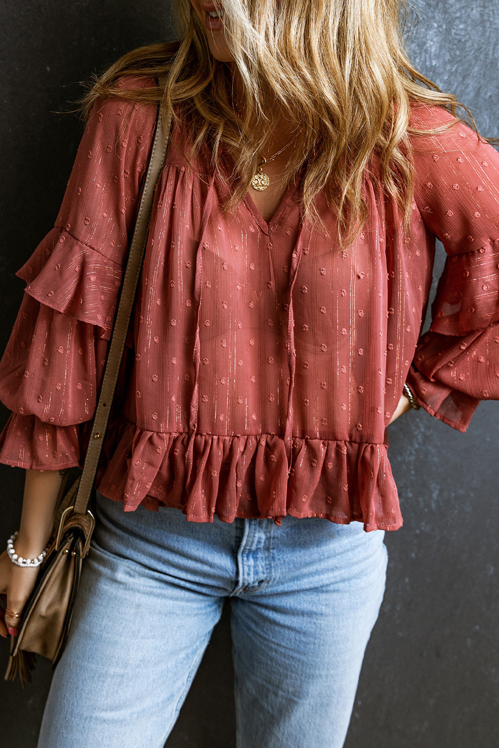 Red Swiss Dot Lace up V Neck Ruffled Blouse