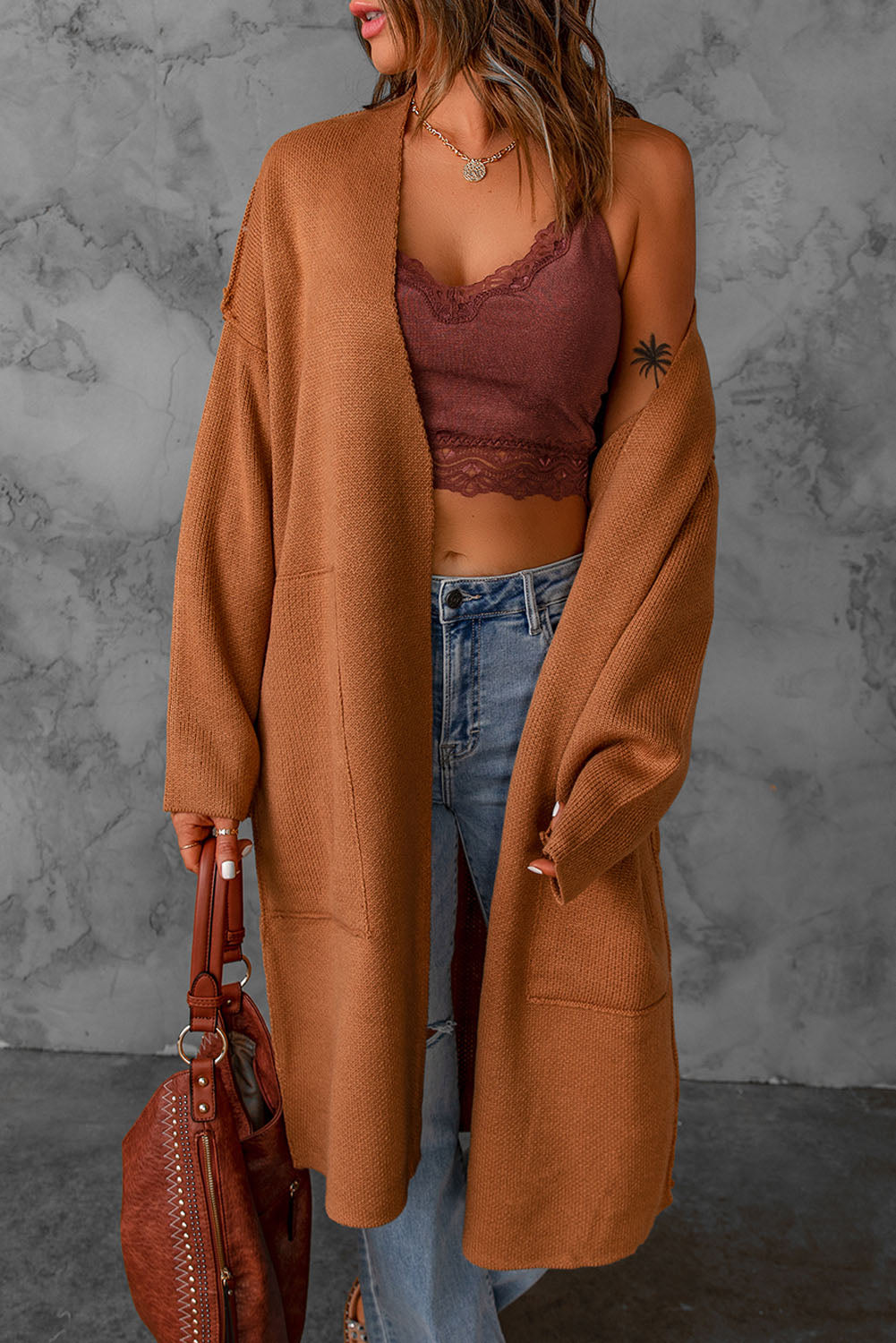 Brown Solid Open Front Drop Sleeves Long Cardigan