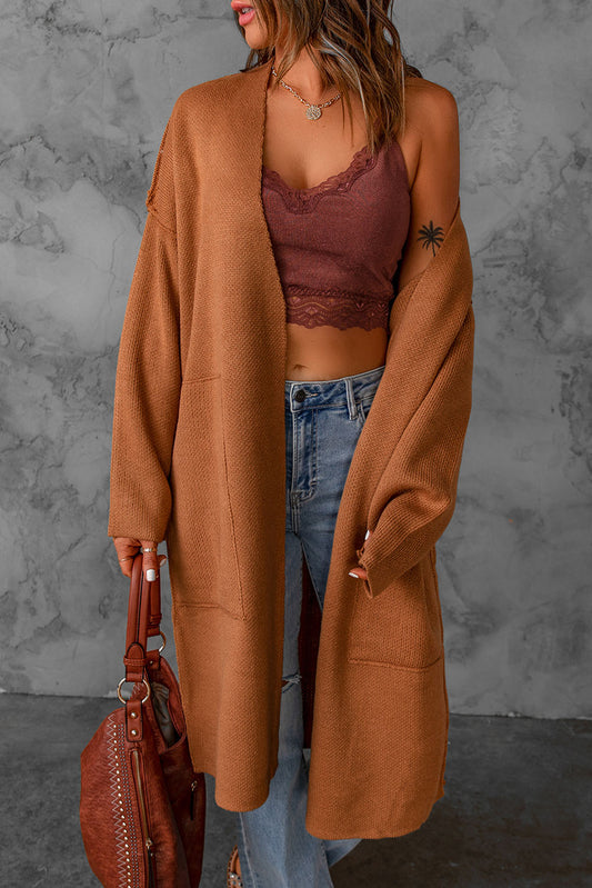 Brown Solid Open Front Drop Sleeves Long Cardigan