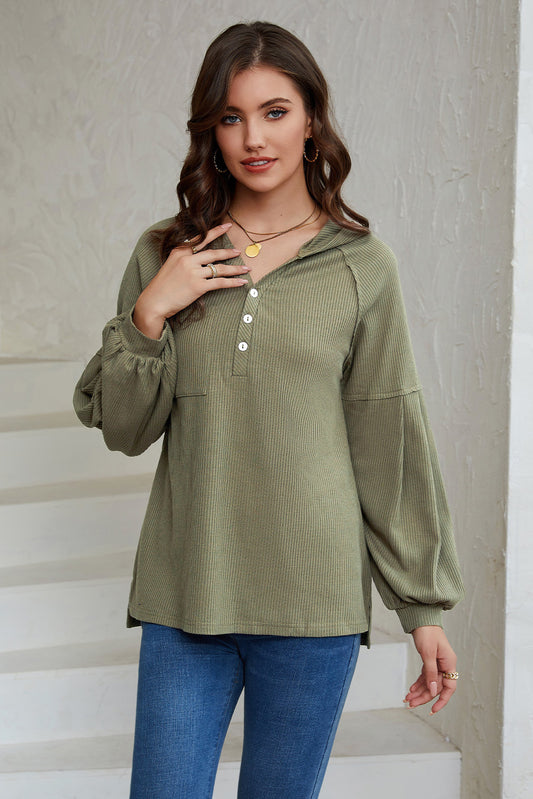 Green Buttoned V Neck Drop Shoulder Waffle Knit Top