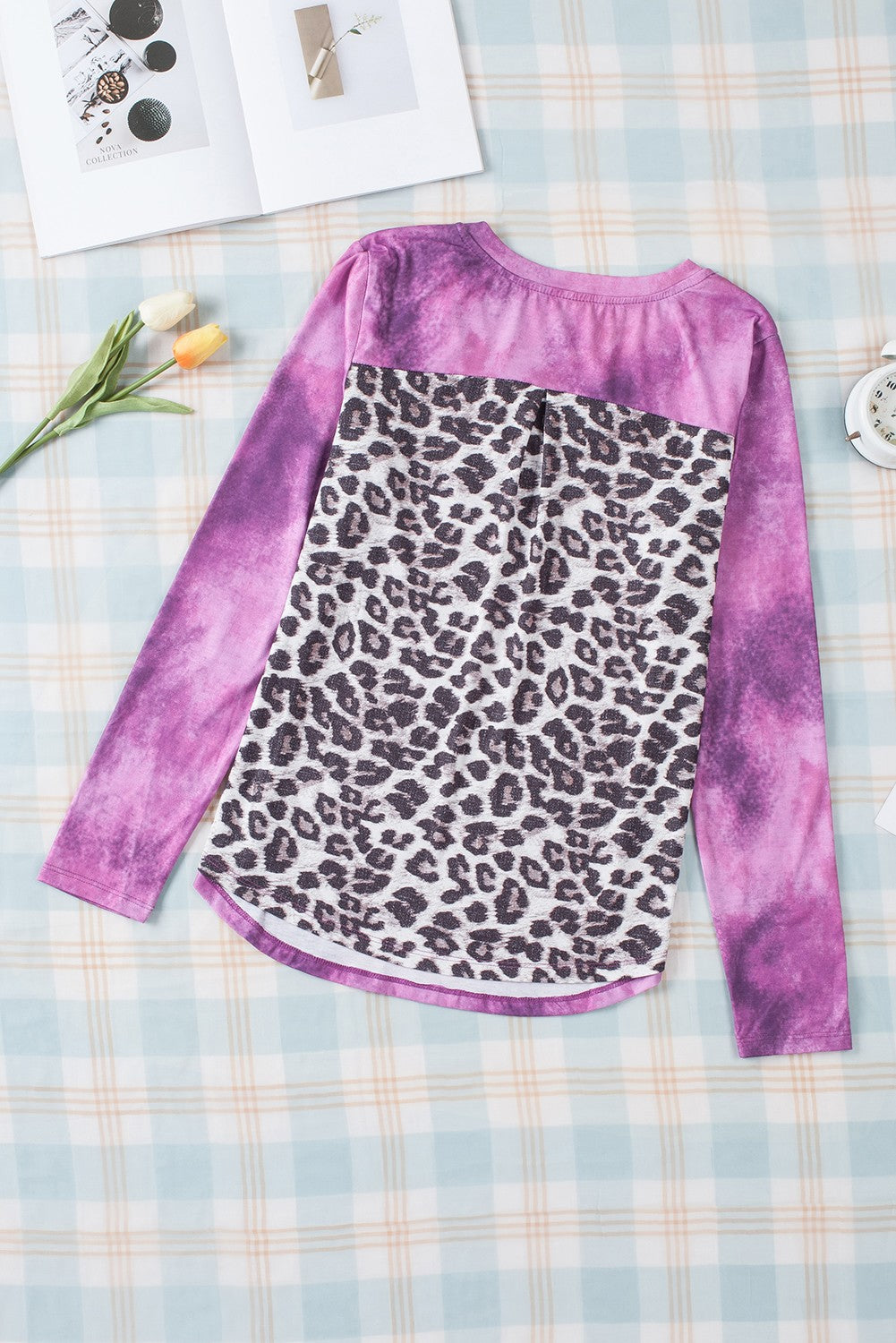 Rose Tie Dye Leopard Patchwork Pocket V Neck Top