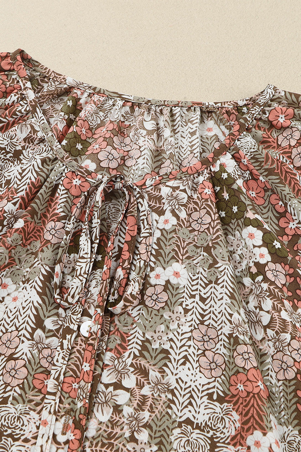 Khaki Floral Print Tie V Neck Button Up Blouse