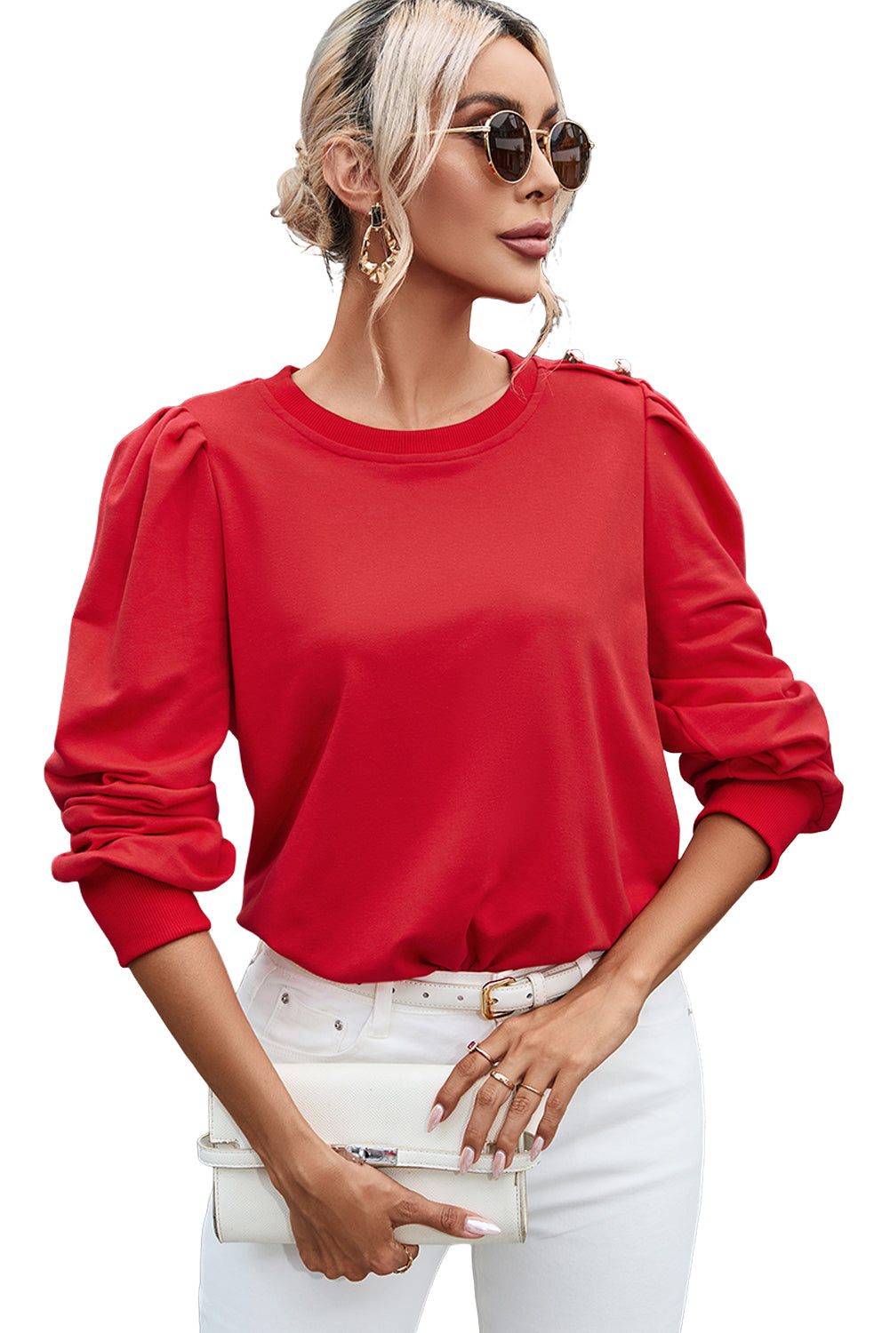 Red Button Tab Detail Long Sleeve Top
