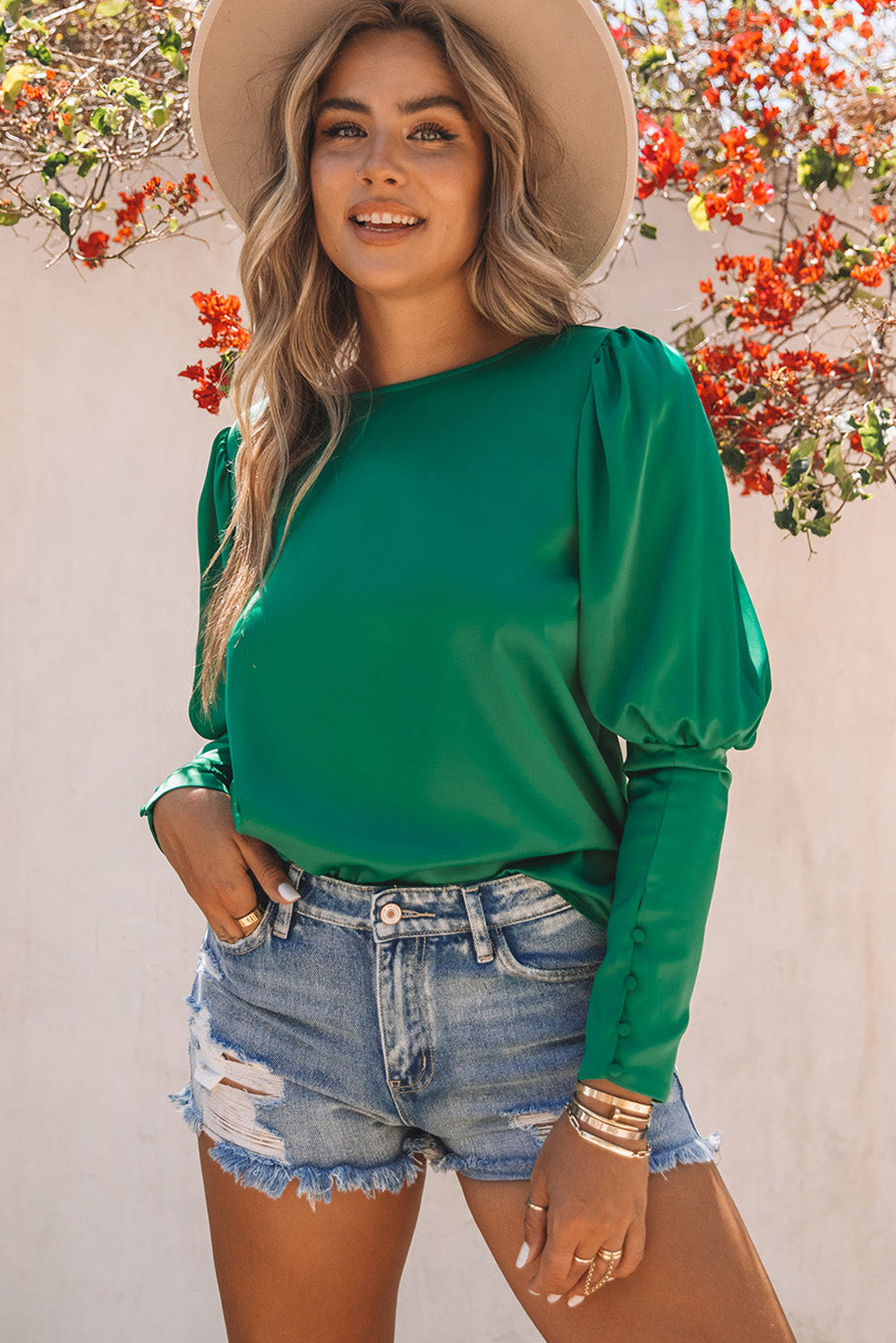 Green Satin Buttoned Cuffs Puff Sleeve Top