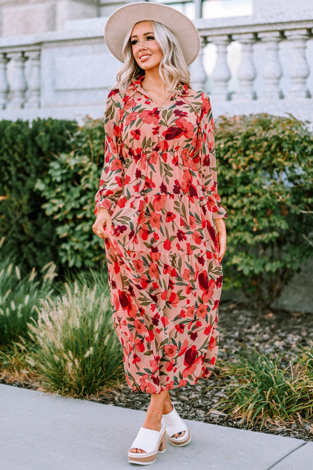 Red Frilled Collar Long Sleeve Tiered Maxi Floral Dress