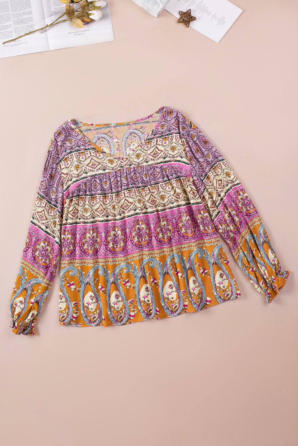 Multicolor Boho Print V Neck Bubble Sleeve Blouse