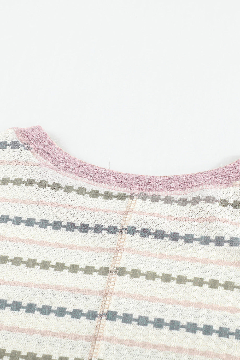 Waffle Knit Colorblock Buttoned Cuff Long Sleeve Blouse