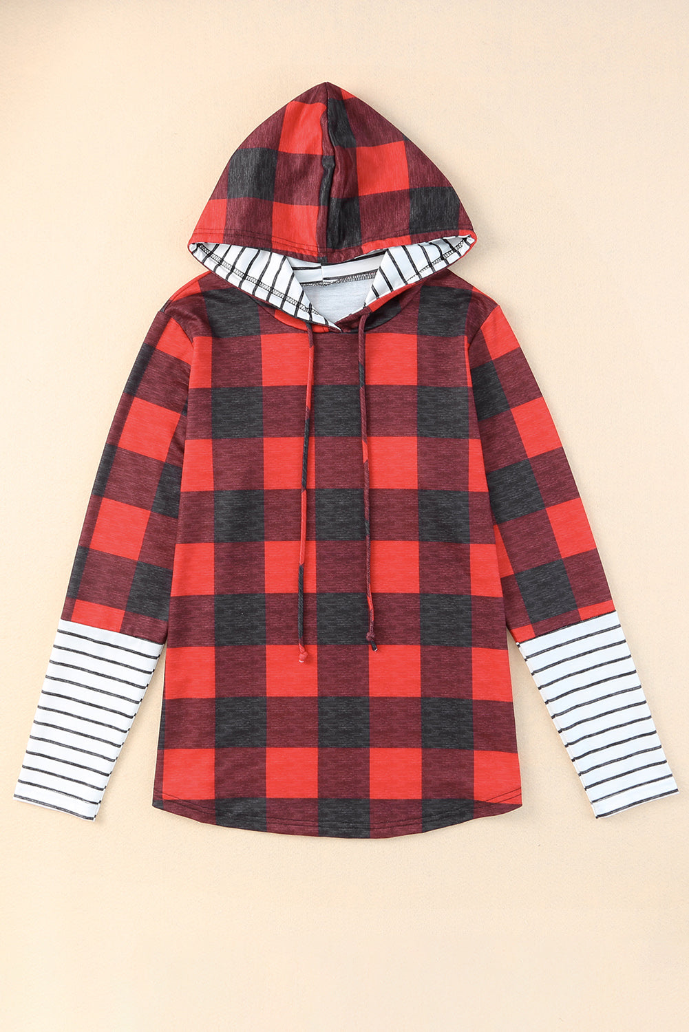 Red Christmas Plaid Striped Patchwork Drawstring Hoodie