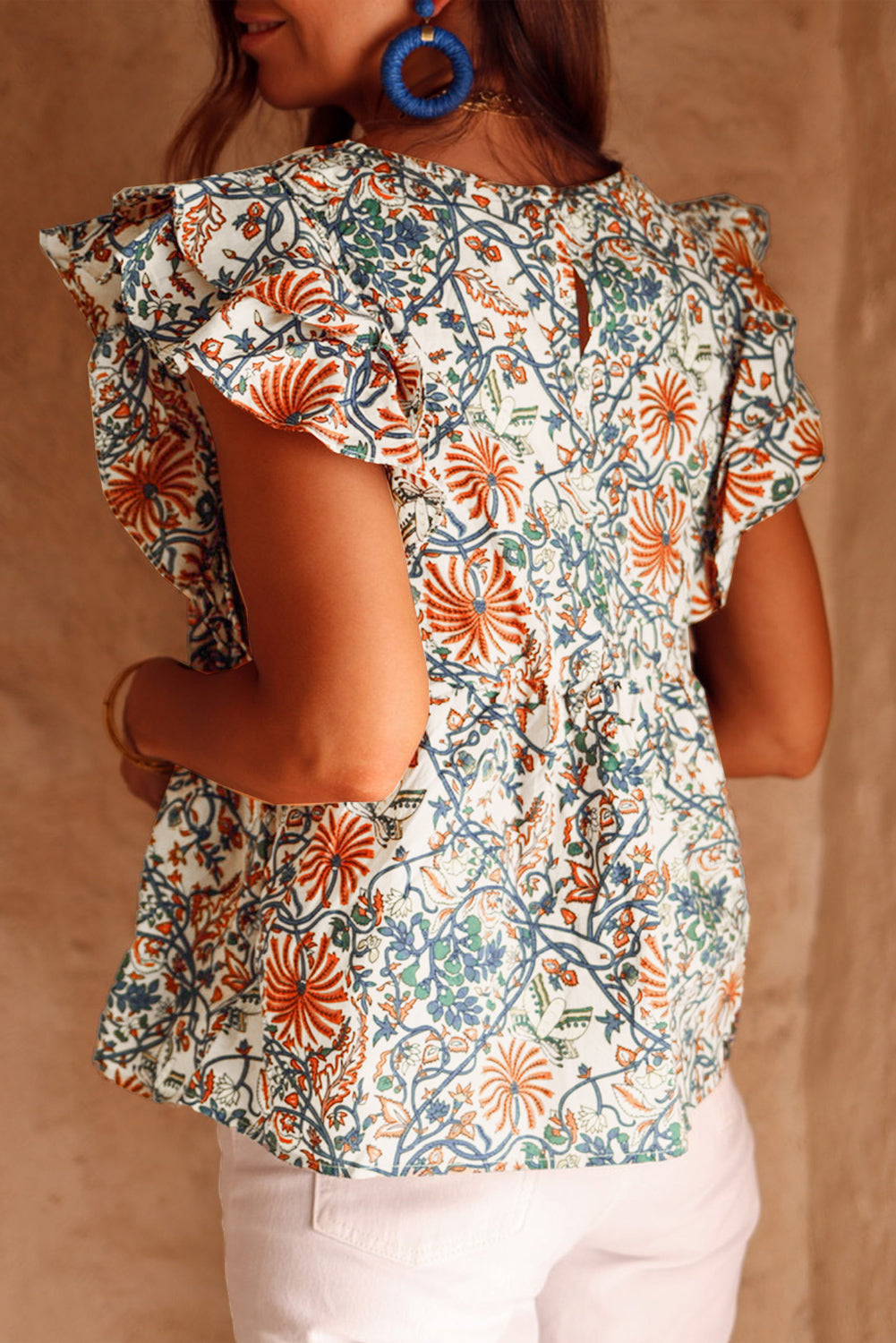 Multicolor Vintage Floral Shirred Ruffle Sleeve Blouse