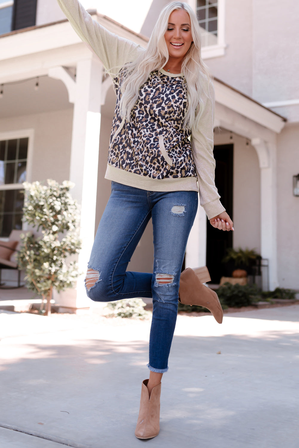 Leopard Kangaroo Pocket Raglan Sleeves Sweatshirt