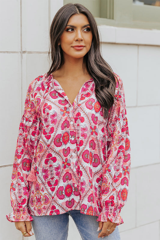 Rose Split Neckline Front Buttons Floral Print Blouse