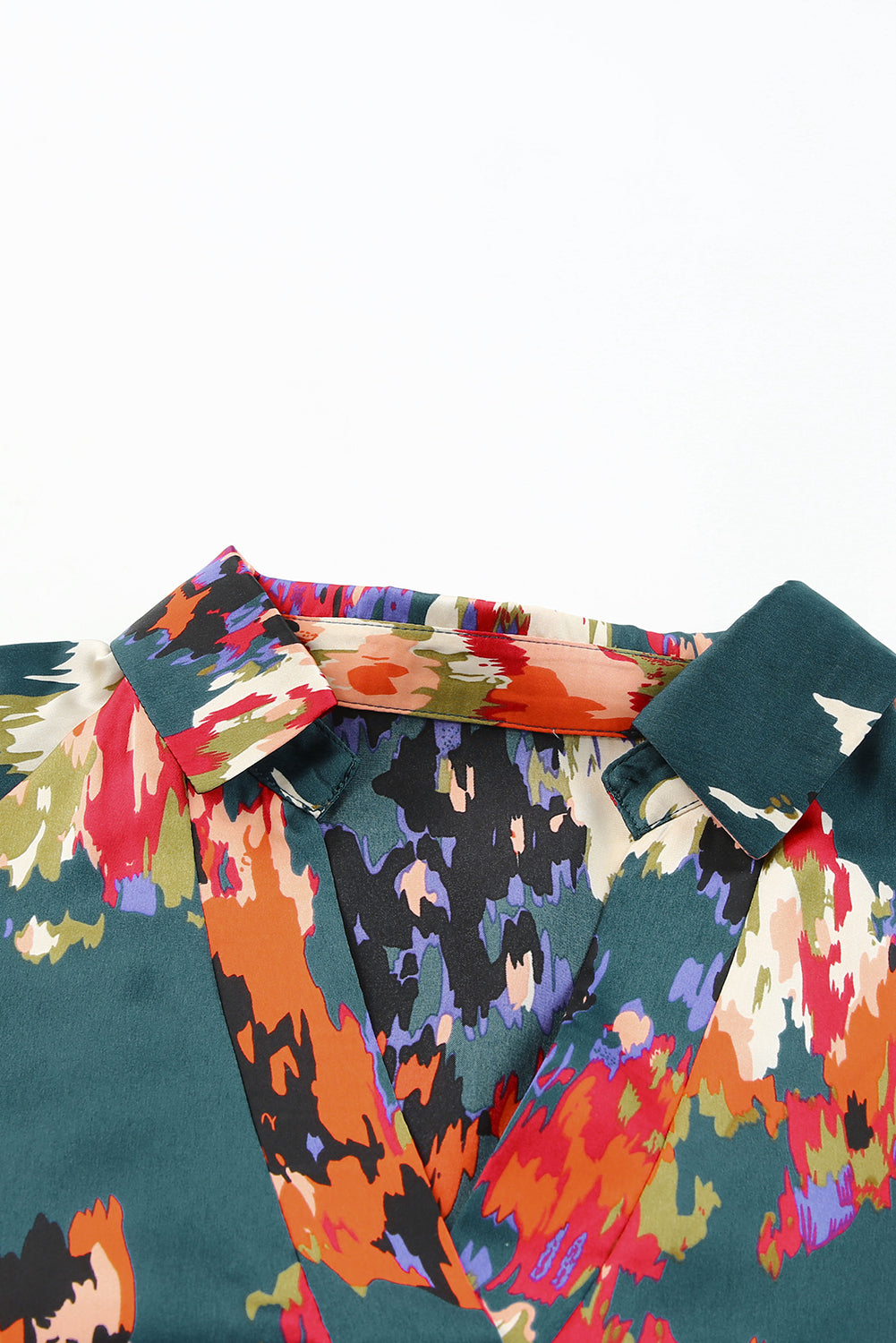 Green Abstract Printed V Neck Bubble Sleeve Blouse