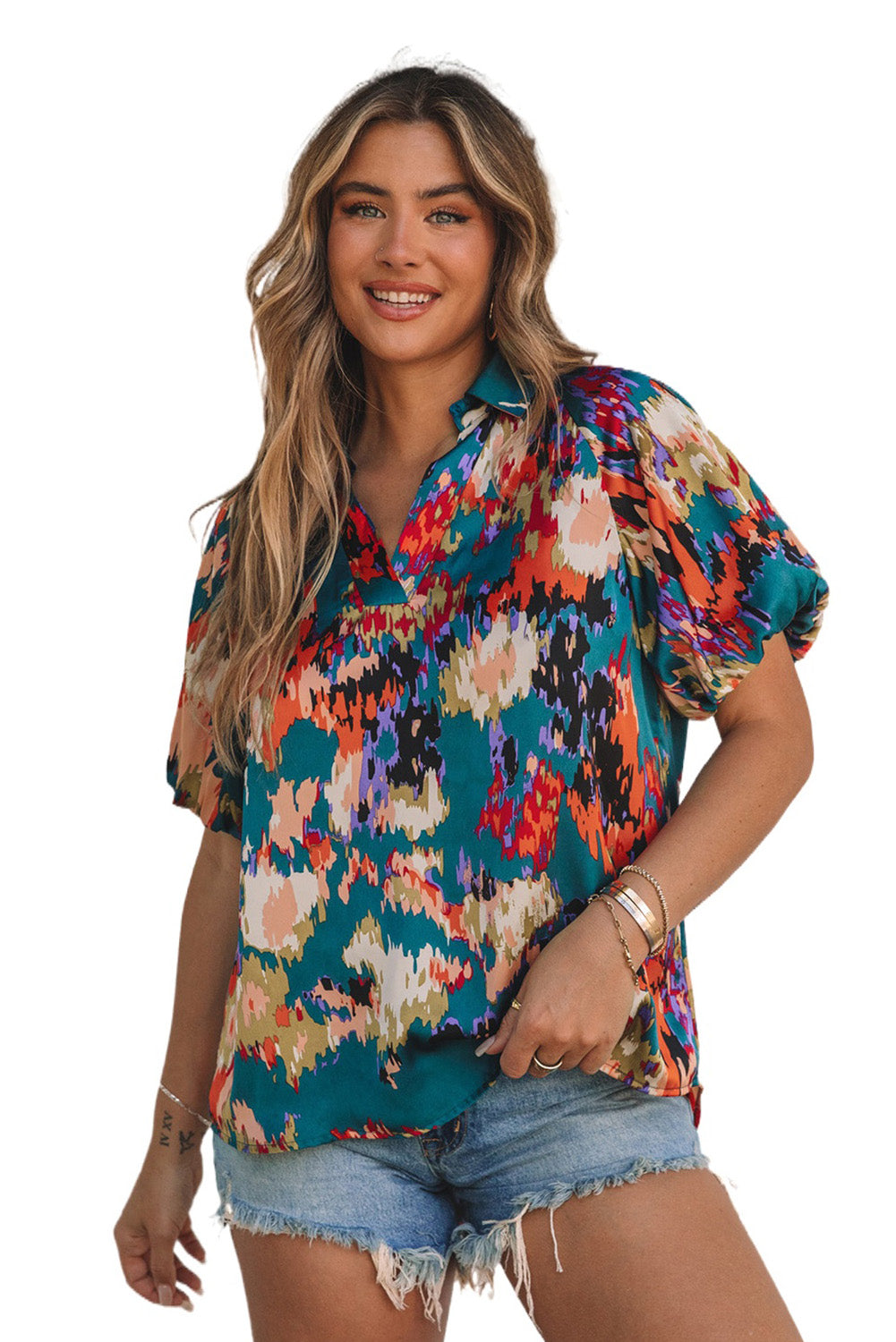 Green Abstract Printed V Neck Bubble Sleeve Blouse