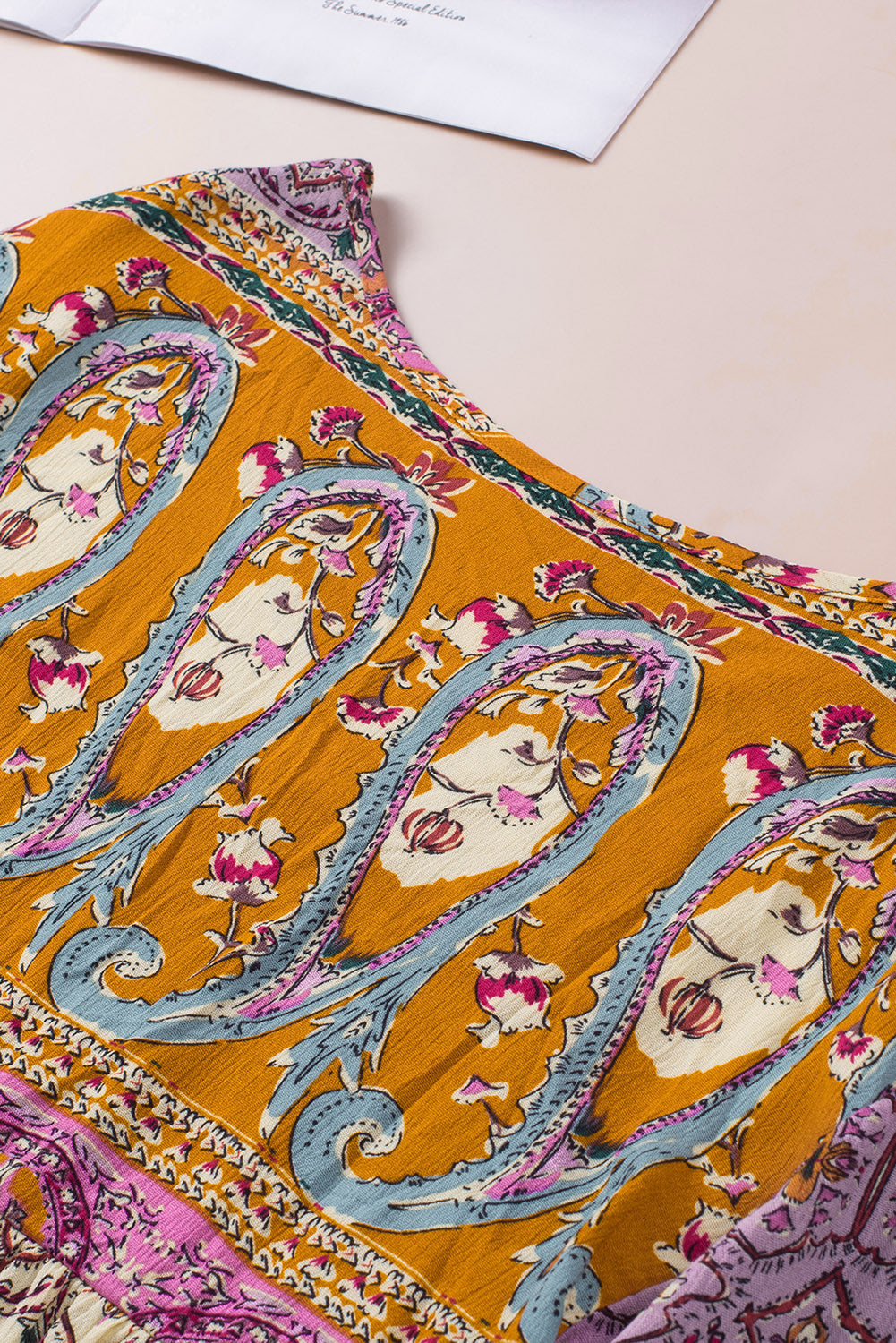 Multicolor Boho Print V Neck Bubble Sleeve Blouse