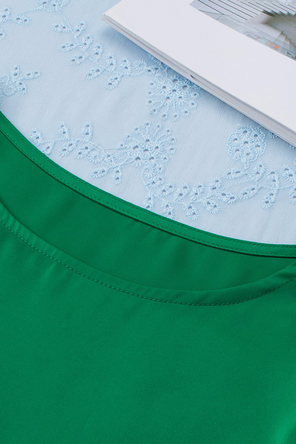 Green Satin Buttoned Cuffs Puff Sleeve Top