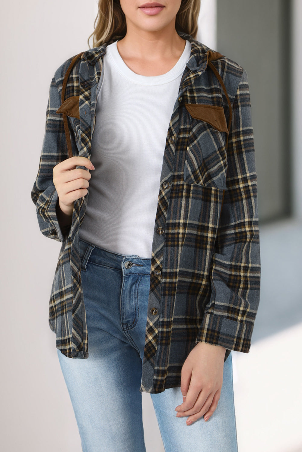 Contrast Hooded Drawstring Plaid Shacket