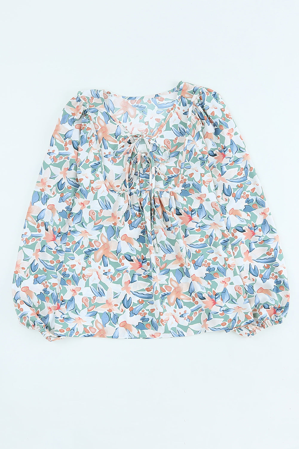 Green Floral Print Lace Up Blouse