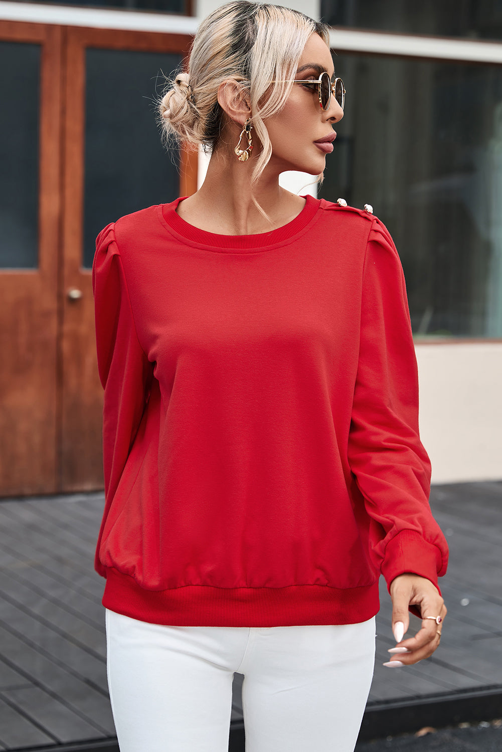 Red Button Tab Detail Long Sleeve Top