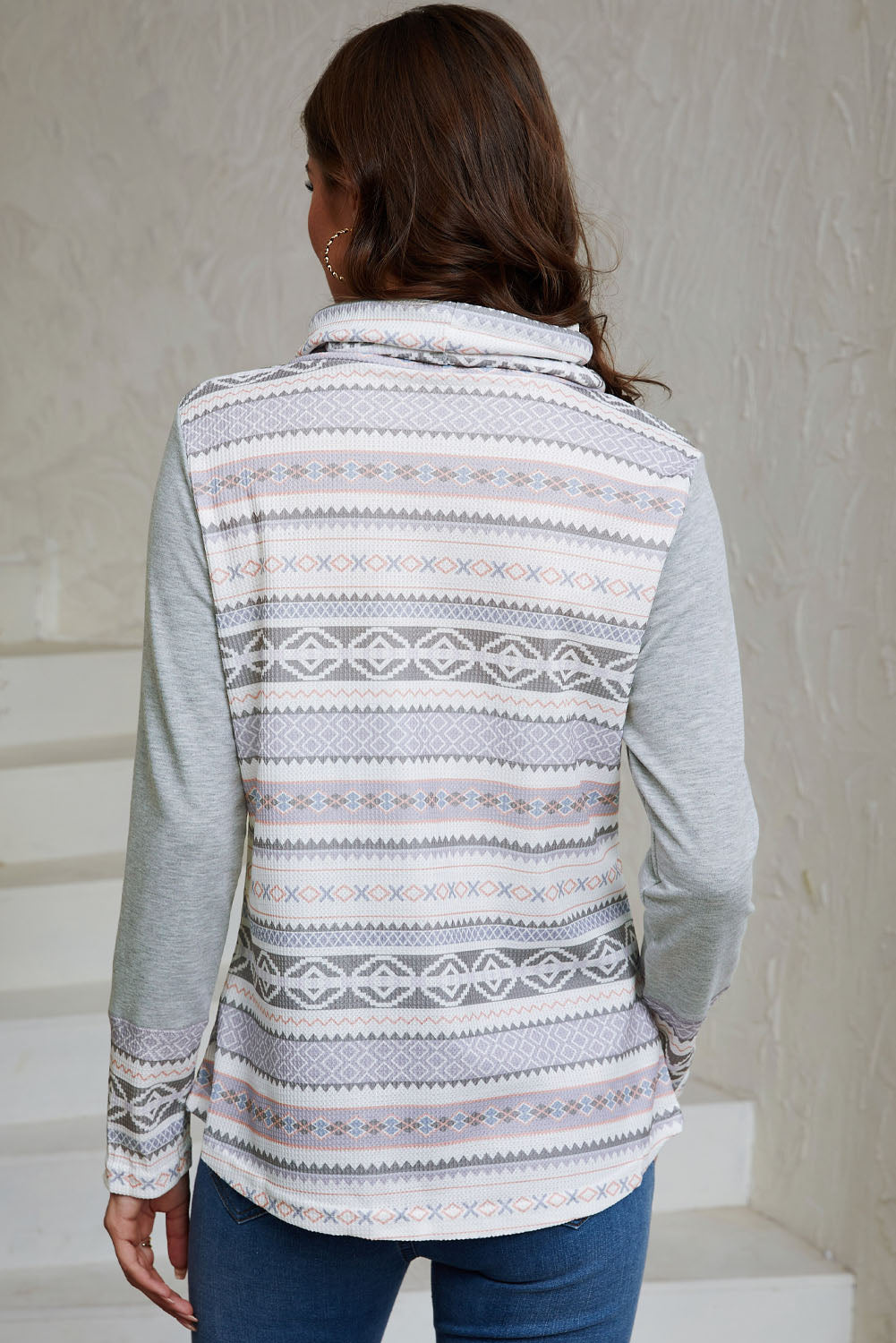 Gray Aztec Print Waffle Knit Cowl Neck Sweatshirt