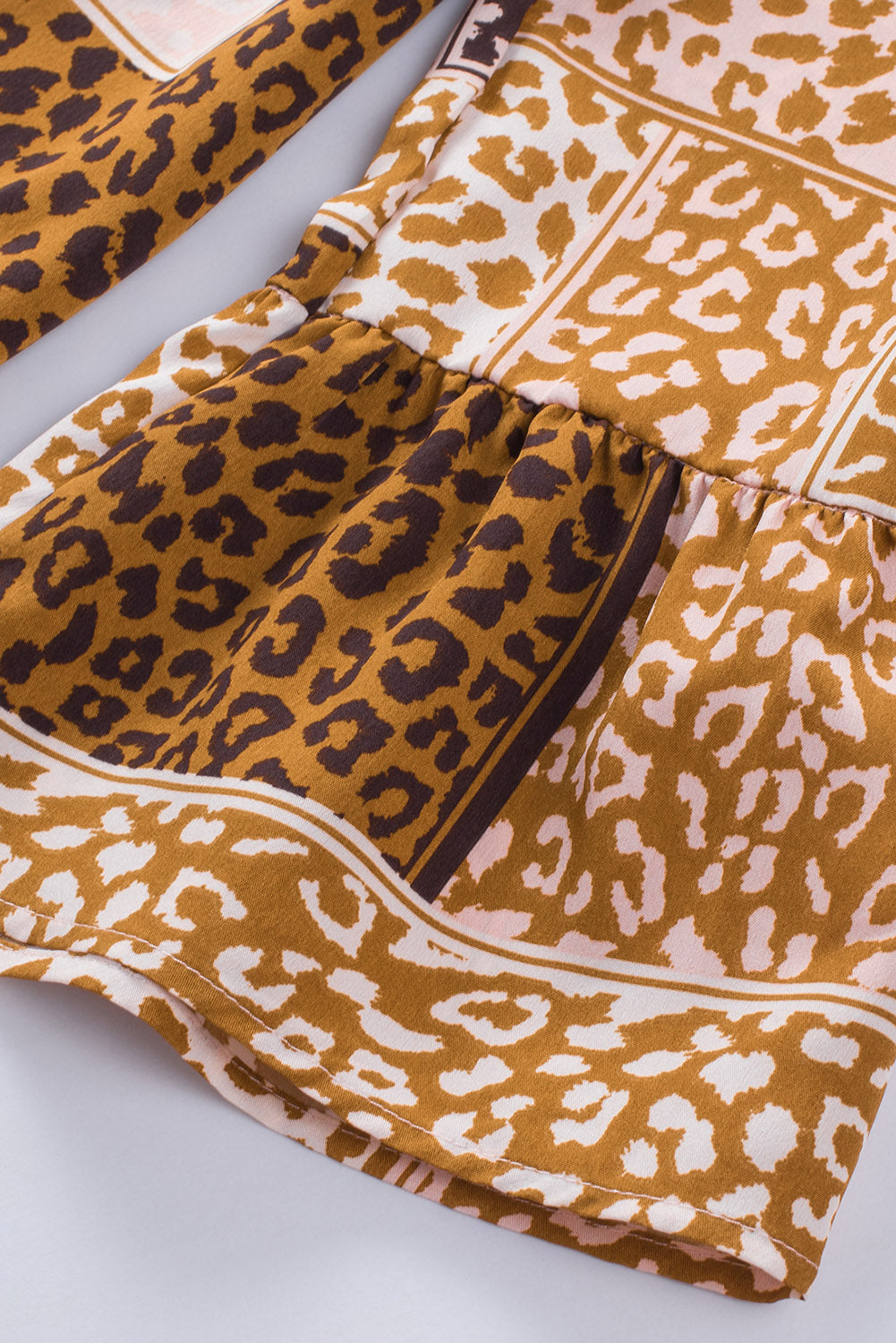 Brown Colorblock Leopard Ribbon Tie Blouse