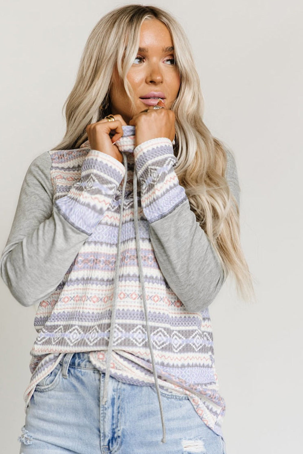 Gray Aztec Print Waffle Knit Cowl Neck Sweatshirt