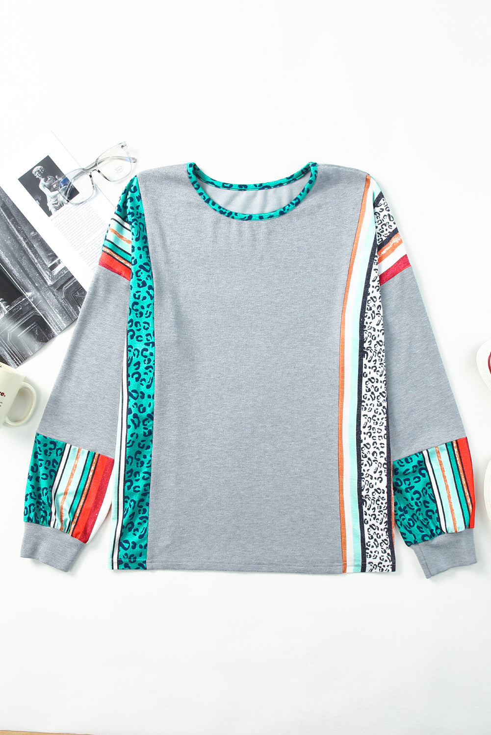 Gray Leopard Serape Drop Shoulder Bubble Sleeves Knit Top