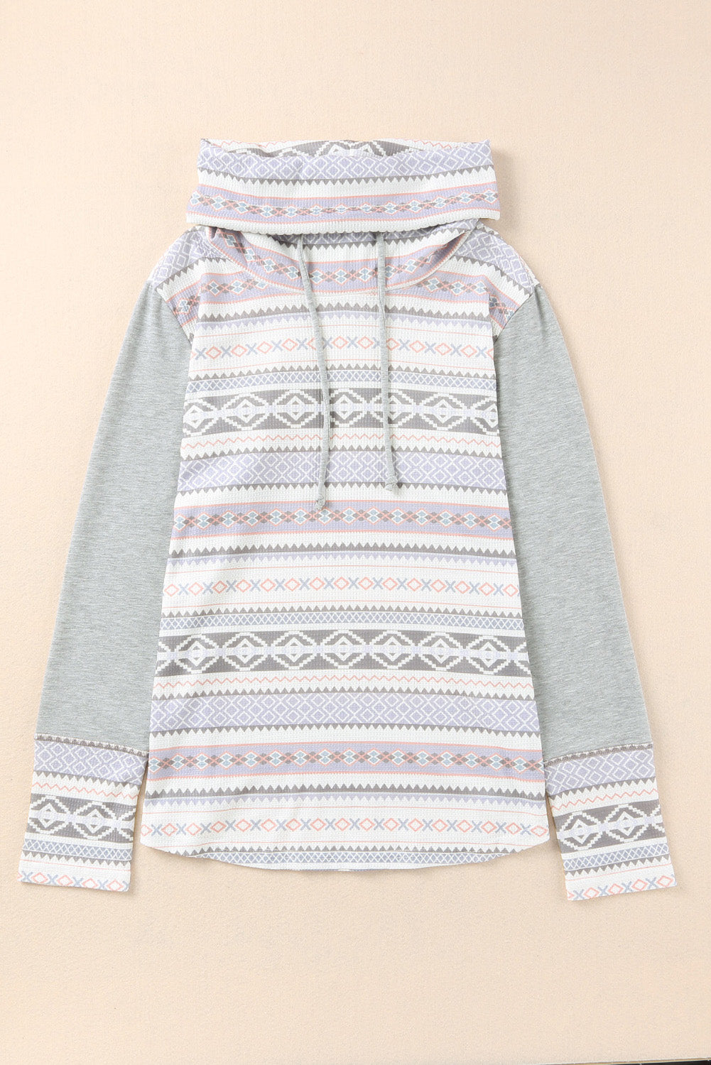 Gray Aztec Print Waffle Knit Cowl Neck Sweatshirt