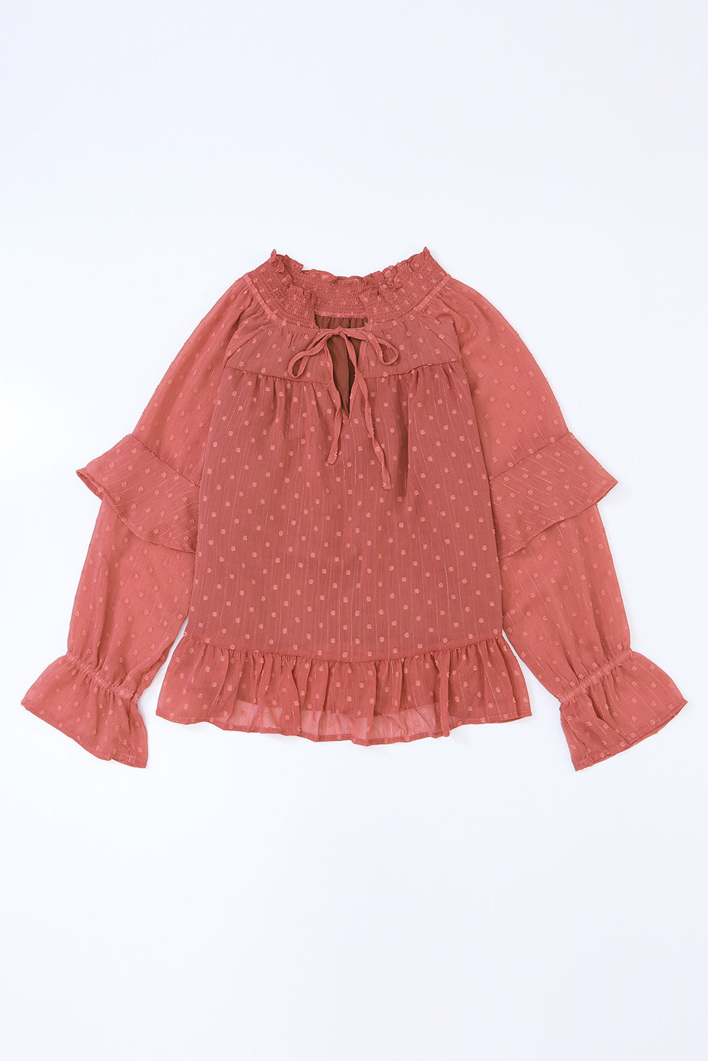 Red Swiss Dot Lace up V Neck Ruffled Blouse
