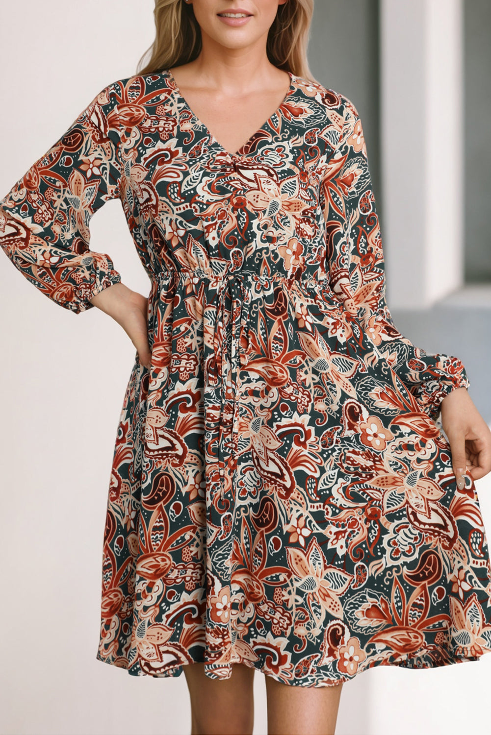 Brown Geometric Print Long Sleeve Surplice Flowy Dress