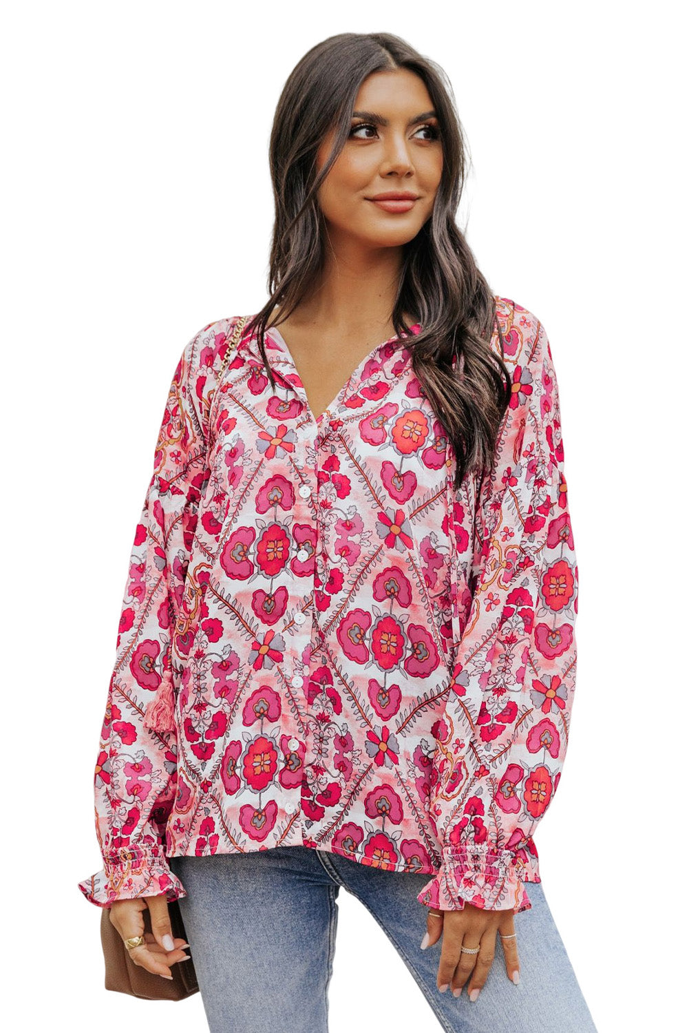 Rose Split Neckline Front Buttons Floral Print Blouse