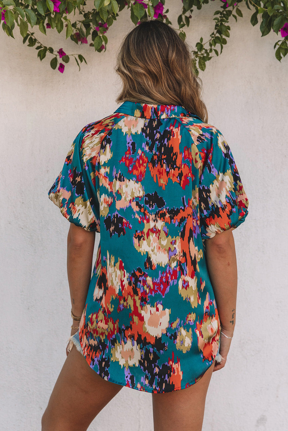 Green Abstract Printed V Neck Bubble Sleeve Blouse