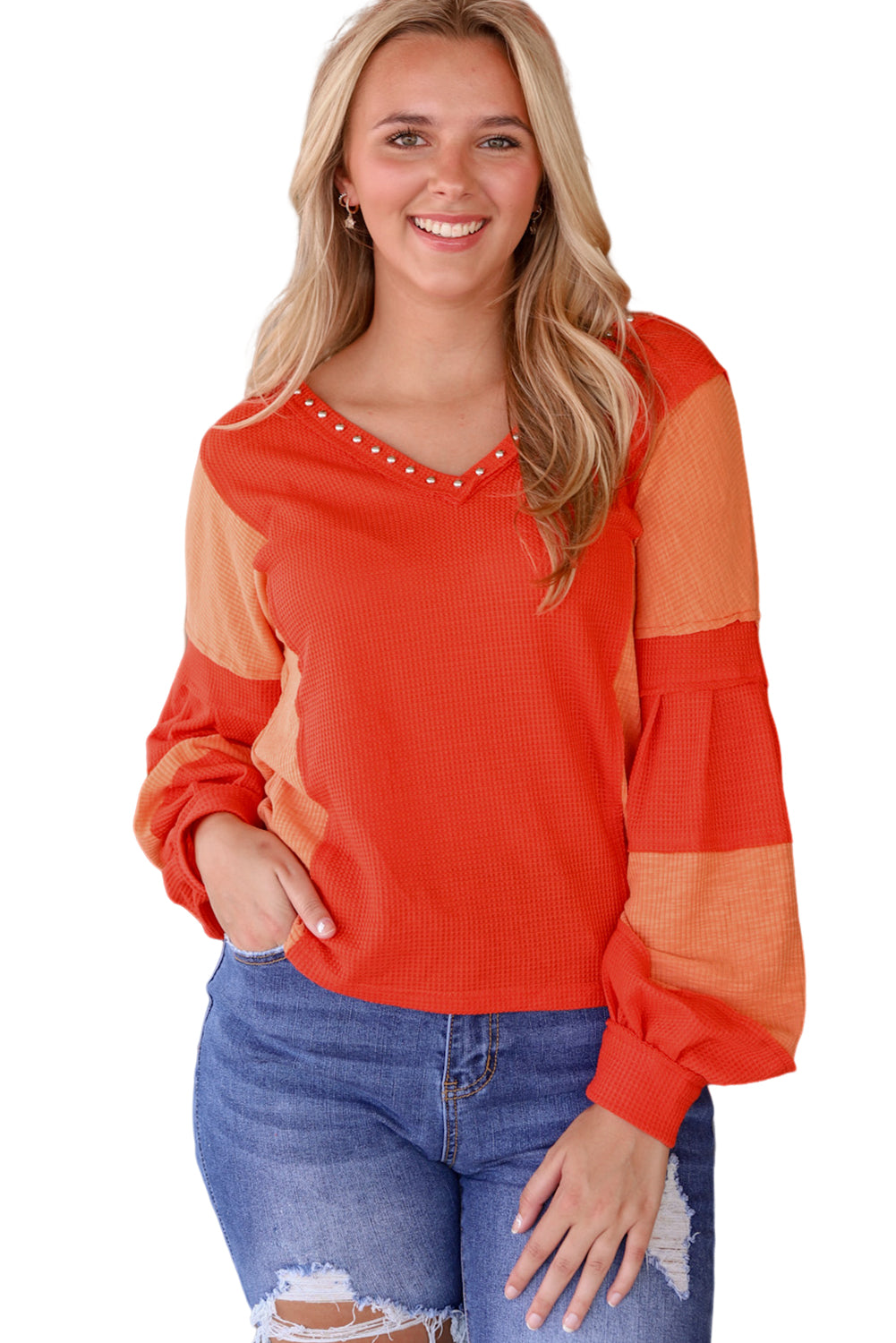 Red Studded V Neckline Exposed Seam Textured Knit Top