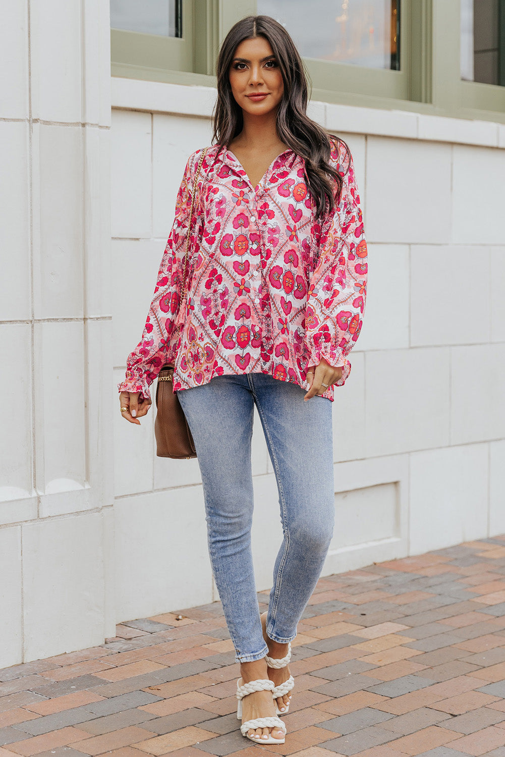 Rose Split Neckline Front Buttons Floral Print Blouse